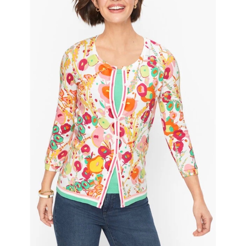 Talbots Size Large Charming Cardigan Abstract Floral Quarter Sleeve Button Up